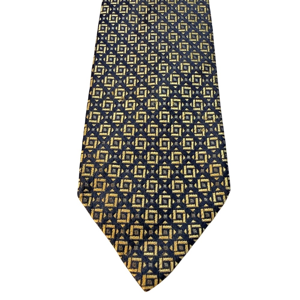 Charvet Silk Tie Vintage Navy Blue Gold Geometric Square Made In France Luxury